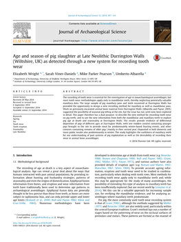 Age and Season of Pig Slaughter at Late Neolithic Durrington Walls (Wiltshire, UK) As Detected Through a New System for Recording Tooth Wear