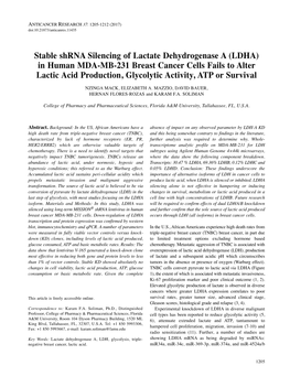 Stable Shrna Silencing of Lactate Dehydrogenase a (LDHA)