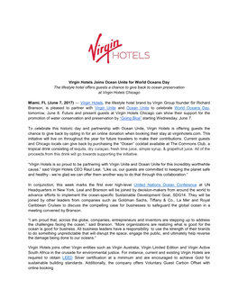 Virgin Hotels Joins Ocean Unite for World Oceans Day the Lifestyle Hotel Offers Guests a Chance to Give Back to Ocean Preservation at Virgin Hotels Chicago