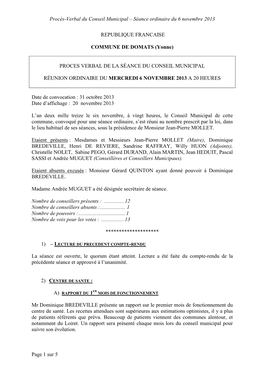 Procès-Verbal Du Conseil Municipal – Séance Ordinaire Du 6 Novembre 2013