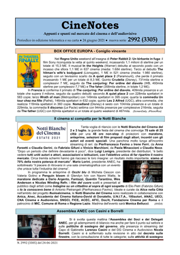 Cinenotes Appunti E Spunti Sul Mercato Del Cinema E Dell’Audiovisivo Periodico in Edizione Telematica E Su Carta ● 24 Giugno 2021 ● Nuova Serie 2992 (3305)