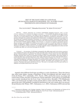 Diet of the Giant African Land Snail Archachatina Marginata Swainson, 1821, in Ivory Coast : Preferences and Estimate of Damages