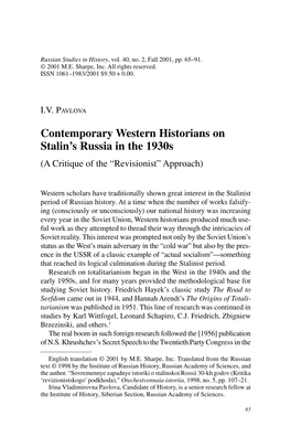 Contemporary Western Historians on Stalin's Russia in the 1930S