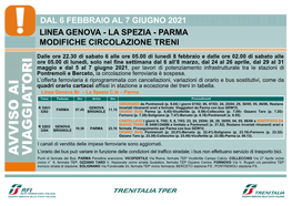 Dal 6 Febbraio Al 7 Giugno 2021 Linea Genova - La Spezia - Parma Modifiche Circolazione Treni