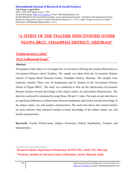 “A Study of the Teacher Effectiveness Under Ngopa Brcc, Champhai District, Mizoram”