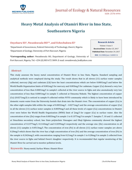 Nwankwoala HO, Et Al. Heavy Metal Analysis of Otamiri River in Imo State, Southeastern Nigeria. J Ecol & Nat Resources 2017