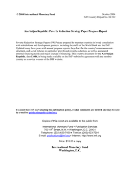 Azerbaijan Republic: Poverty Reduction Strategy Paper Progress Report