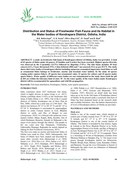 Distribution and Status of Freshwater Fish Fauna and Its Habitat in the Water Bodies of Kendrapara District, Odisha, India B.K