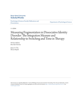 Measuring Fragmentation in Dissociative Identity Disorder: the Ni Tegration Measure and Relationship to Switching and Time in Therapy M