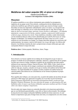 Metáforas Del Saber Popular (III): El Amor En El Tango Antonio García-Olivares 1 Acciones E Investigaciones Sociales (2006)