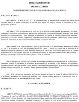 DECRETO SUPREMO N° 1296 EVO MORALES AYMA C O N S I D E R a N D O: Que El Artículo 5 De La Ley N° 2042, De 21 De Diciembre De