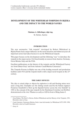 Development of the Whitehead Torpedo in Rijeka and the Impact to the World Navies