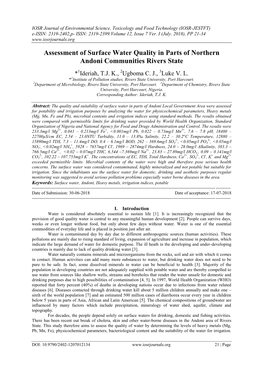 Assessment of Surface Water Quality in Parts of Northern Andoni Communities Rivers State