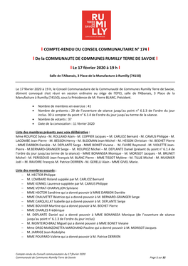 I COMPTE-RENDU DU CONSEIL COMMUNAUTAIRE N° 174 I I De La COMMUNAUTE DE COMMUNES RUMILLY TERRE DE SAVOIE I