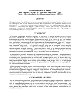 Sustainability of Pratt & Whitney Tom Manning, University of Connecticut