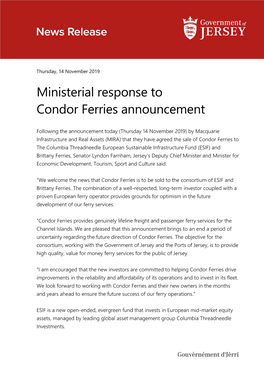 Ministerial Response to Condor Ferries Announcement