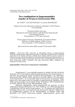 New Combinations in Jungermanniales: Transfer of 32 Taxa to Solenostoma Mitt