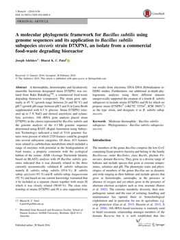 A Molecular Phylogenetic Framework for Bacillus Subtilis Using Genome