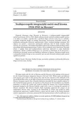 Srednjeevropski Integracijski Načrti Med Letoma 1918-1945 in Slovenci**