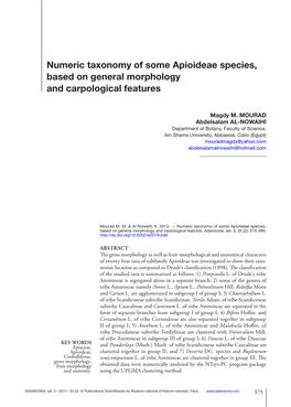 Numeric Taxonomy of Some Apioideae Species, Based on General Morphology and Carpological Features