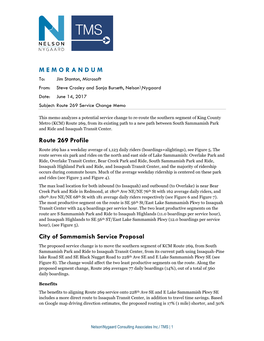 M E M O R a N D U M Route 269 Profile City of Sammamish Service