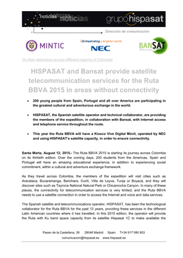 HISPASAT and Bansat Provide Satellite Telecommunication Services for the Ruta BBVA 2015 in Areas Without Connectivity