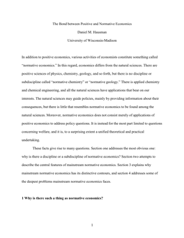 1 the Bond Between Positive and Normative Economics Daniel M