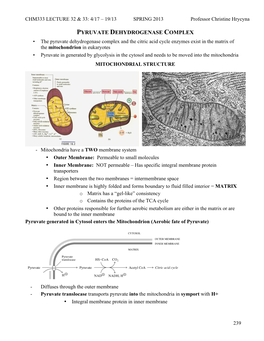 Lecture 32 & 33: Pyruvated Dehydrogenase & the TCA Cycle