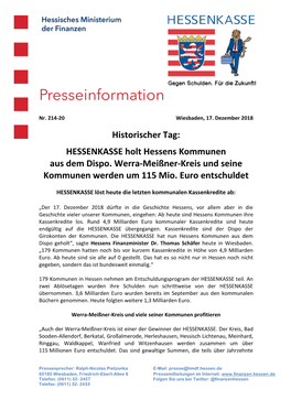 HESSENKASSE Holt Hessens Kommunen Aus Dem Dispo. Werra-Meißner-Kreis Und Seine Kommunen Werden Um 115 Mio