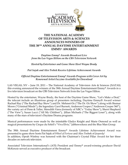 Daytime Emmy® Awards Broadcast Live from the Las Vegas Hilton on the CBS Television Network