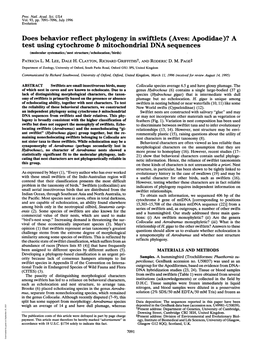 Does Behavior Reflect Phylogeny in Swiftlets (Aves: Apodidae)?