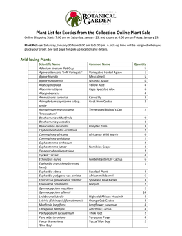 Plant List for Exotics from the Collection Online Plant Sale Online Shopping Starts 7:00 Am on Saturday, January 23, and Closes at 4:00 Pm on Friday, January 29