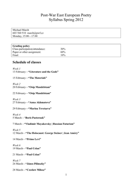 Post-War East European Poetry Syllabus Spring 2012