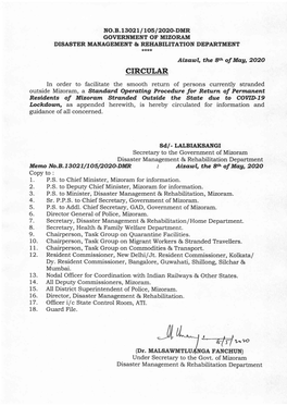 CIRCULAR in Order to Facilitate the Smooth Return of Persons Currently Stranded Outside Mizoram, a Stand.Ard