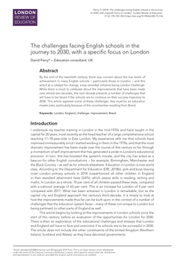 The Challenges Facing English Schools in the Journey to 2030, with a Specific Focus on London’