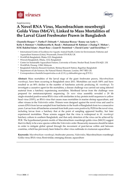 A Novel RNA Virus, Macrobrachium Rosenbergii Golda Virus (Mrgv), Linked to Mass Mortalities of the Larval Giant Freshwater Prawn in Bangladesh