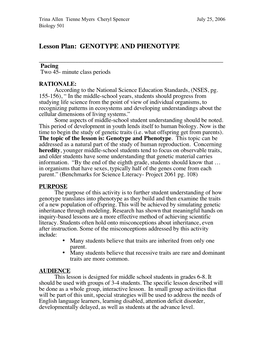 Lesson Plan: GENOTYPE and PHENOTYPE