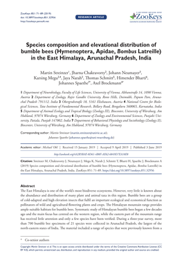 Species Composition and Elevational Distribution of Bumble Bees (Hymenoptera, Apidae, Bombus Latreille) in the East Himalaya, Arunachal Pradesh, India