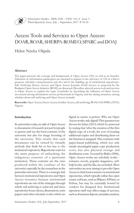 Access Tools and Services to Open Access: DOAR, ROAR, SHERPA-ROMEO, SPARC and DOAJ