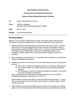 Municipality of Chatham-Kent Infrastructure and Engineering Services Parks and Open Spaces/Recreation Facilities To: Mayor and M