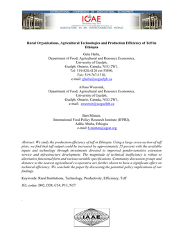 Rural Organizations, Agricultural Technologies and Production Efficiency of Teff in Ethiopia Getu Hailu, Department of Food