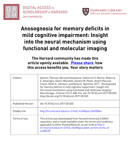 Anosognosia for Memory Deficits in Mild Cognitive Impairment Insight