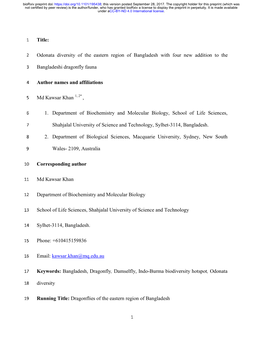 Odonata Diversity of the Eastern Region of Bangladesh with Four New Addition to the Bangladeshi Dragonfly Fauna Author N