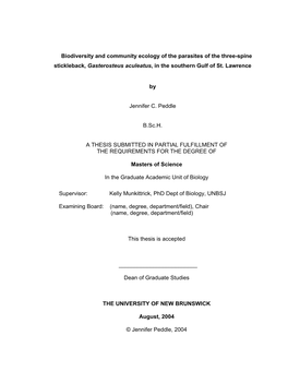 Biodiversity and Community Ecology of the Parasites of the Three-Spine Stickleback, Gasterosteus Aculeatus, in the Southern Gulf of St