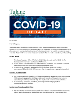 03/18/2020 Dear Colleagues, the Tulane Health System and Tulane