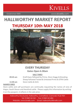 HALLWORTHY MARKET REPORT THURSDAY 10Th MAY 2018