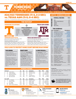 24/#23 TENNESSEE (11-4, 2-2 SEC) 2017-18 » SCHEDULE & RECORD Vs