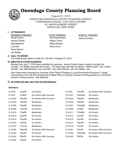 Onondaga County Planning Board August 07, 2019 SYRACUSE-ONONDAGA COUNTY PLANNING AGENCY CONFERENCE ROOM, 1100 CIVIC CENTER 421 MONTGOMERY STREET SYRACUSE, NEW YORK