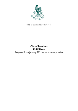 Class Teacher Full-Time Required from January 2021 Or As Soon As Possible