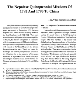 The Nepalese Quinquennial Missions of 1792 and 1795 to China